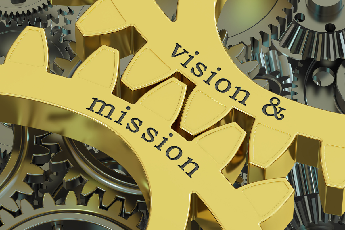 Vision & mission concept on the gearwheels, 3D rendering